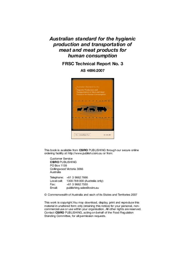Australian Standard for Hygienic production and transportation of meat and meat products for human consumption