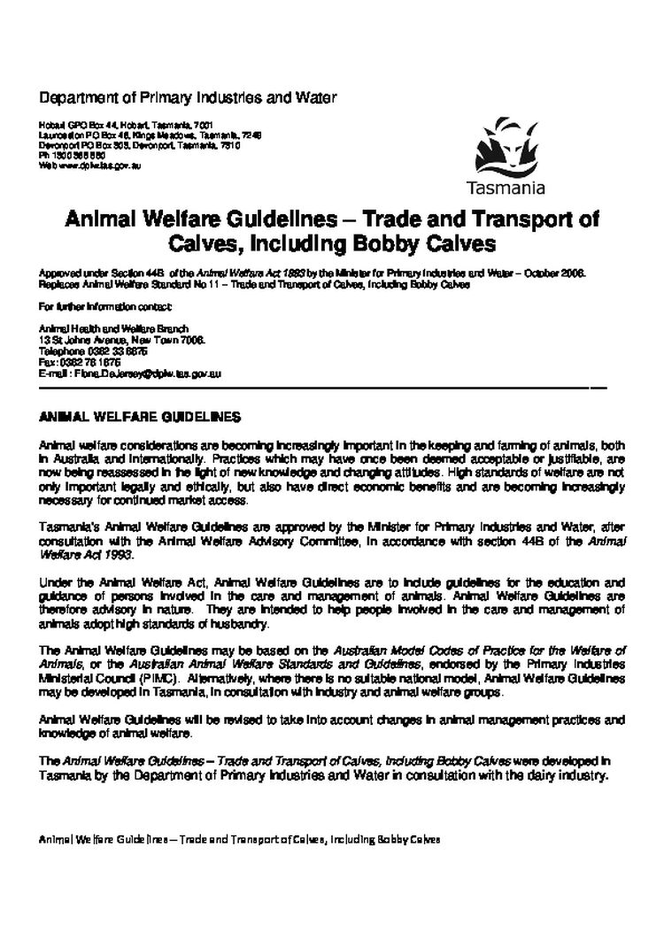 Animal Welfare Guidelines - Calves (Tasmania)