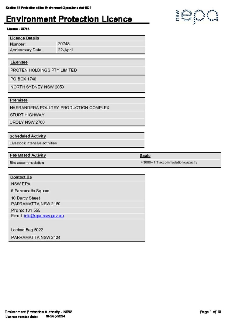 EPA Licence 20748 - Proten