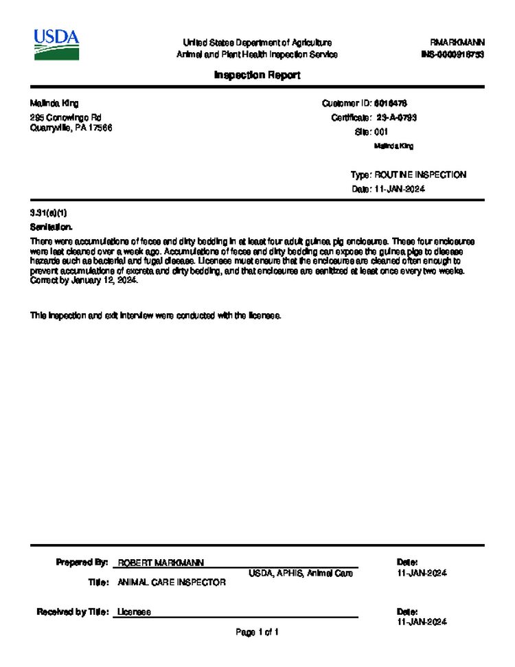 Malinda King USDA APHIS Inspection Report Jan 2024