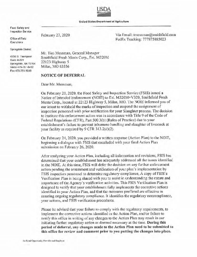2-27-20 Smithfield Notice of Deferral