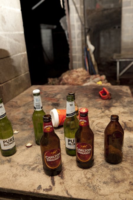 Beer bottles with pile of guts in background