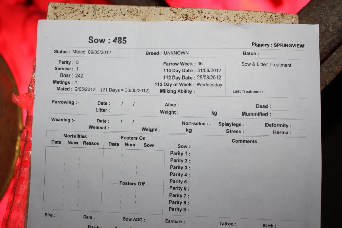 Farrowing crate record