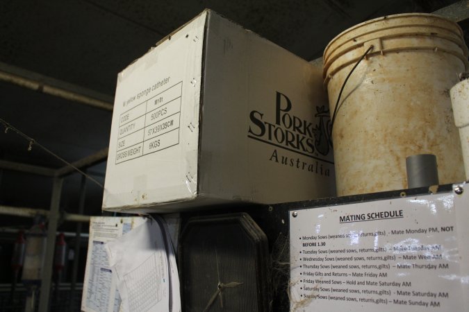 Box of pork storks next to mating schedule sign