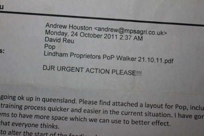 Printed email identifying Lindham Piggery