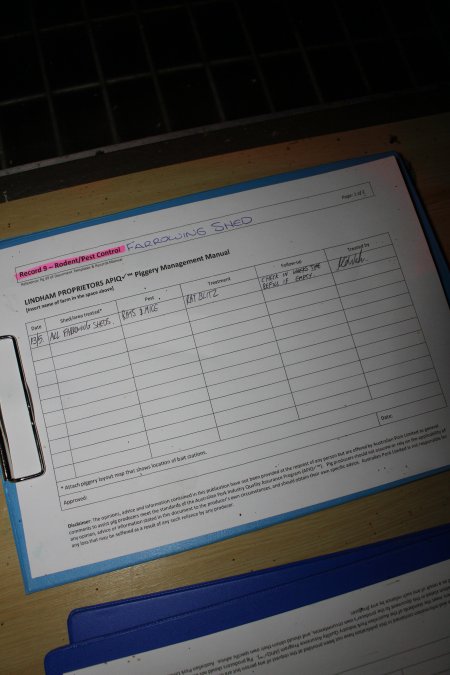 Farrowing paperwork identifying Lindham Piggery