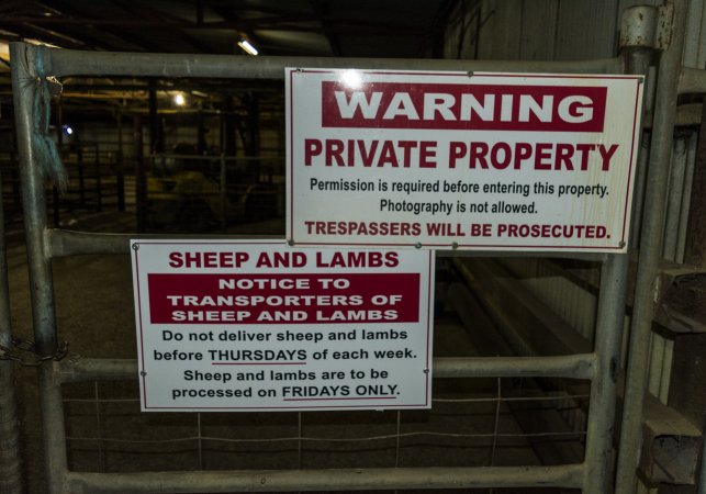 Private property signage at entrance to holding pens
