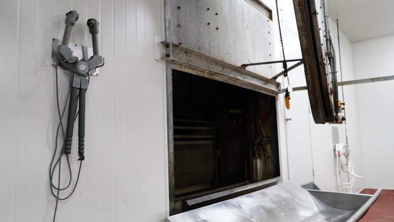 Table where pigs are tipped out from gas chamber