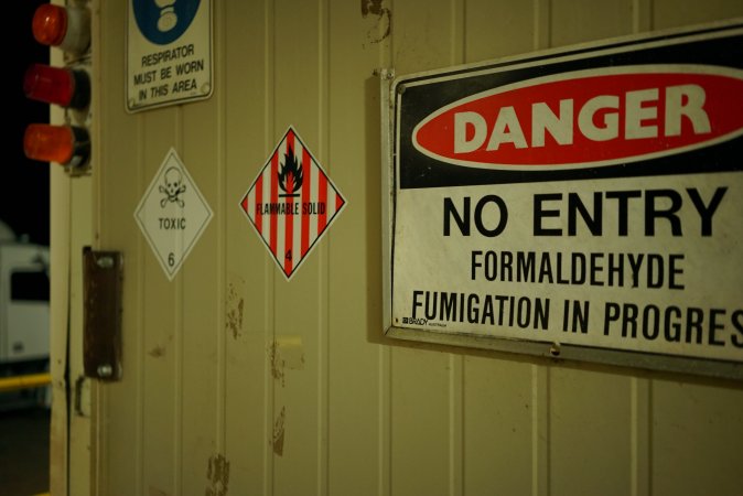 Danger sign - no entry - formaldehyde fumigation in progress