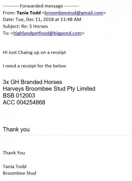 Email showing Harvey's Broombee horses sent to knackery