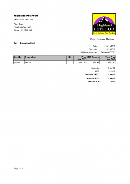 Highland Knackery purchase order for one horse