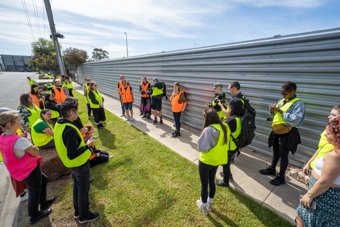 Activist briefing while waiting for trucks to arrive at Diamond Valley Pork