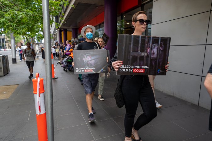 Activists protest the widespread use of cages for pigs