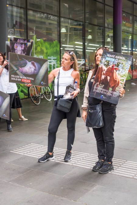 Activists protest the widespread use of cages for pigs