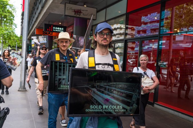 Activists protest the widespread use of cages for pigs