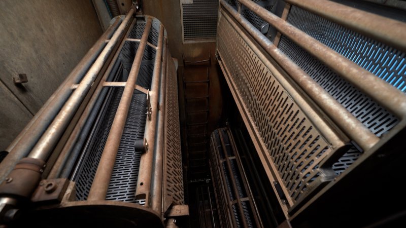 Empty gondolas inside the gas chamber at Corowa Slaughterhouse