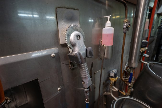 Handheld circular saw in cattle processing room