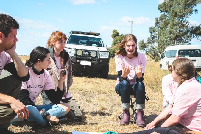 Animal activists asking for the release of Olivia (sow 8416) at Midland Bacon in Victoria