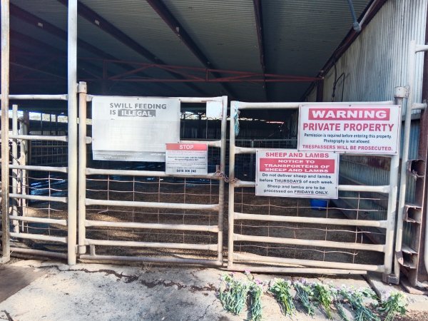 Gate and signs outside Benalla Slaughterhouse holding pens