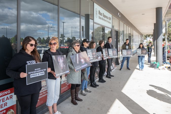 Protesters rallying outside Ros Spence MP's electorate office in Craigieburn