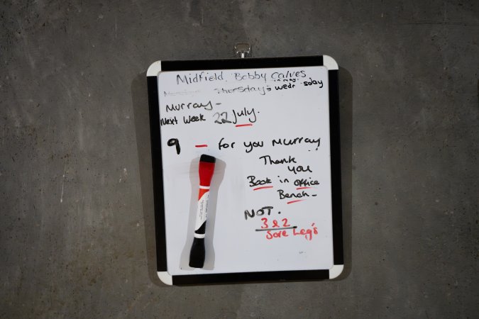 Whiteboard showing that bobby calves are killed at Midfield Meats in Warrnambool, Vic.