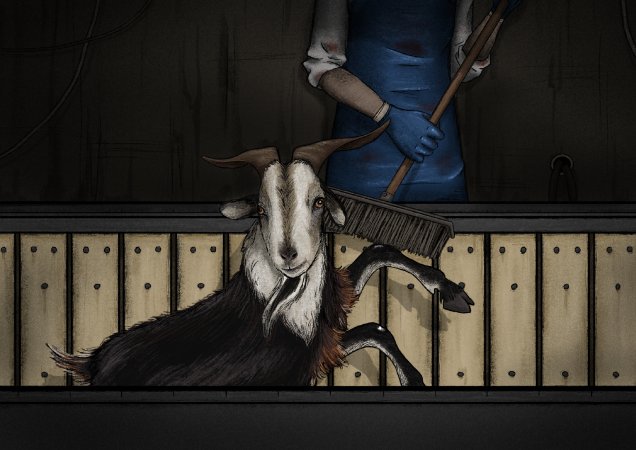 Artist rendition of goat slaughter at the Game Meats Company slaughterhouse