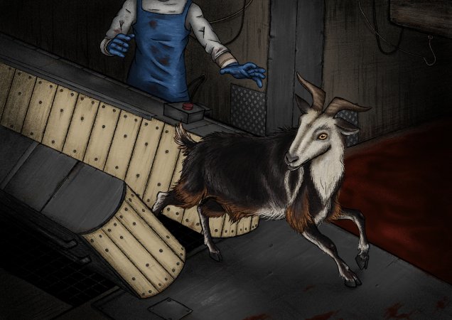 Artist rendition of goat slaughter at the Game Meats Company slaughterhouse