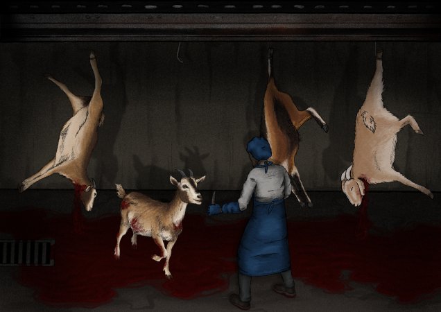 Artist rendition of goat slaughter at the Game Meats Company slaughterhouse