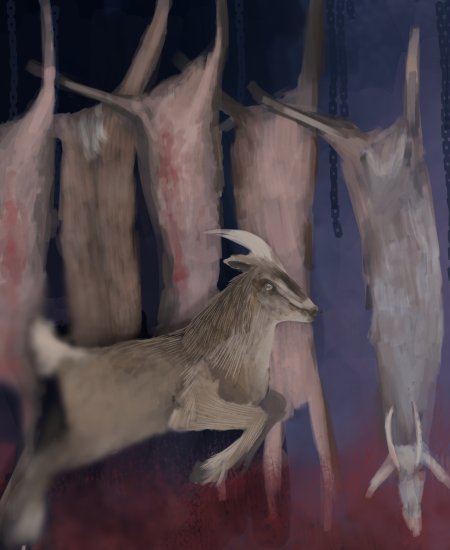 Artist rendition of goat slaughter at the Game Meats Company slaughterhouse