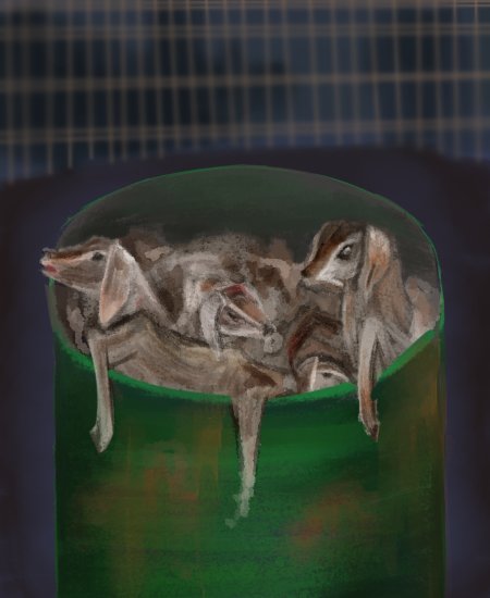 Artist rendition of goat slaughter at the Game Meats Company slaughterhouse