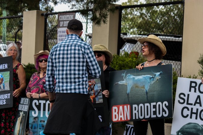 Rodeo-Goers interact with Protest outside of Queanbeyan Rodeo
