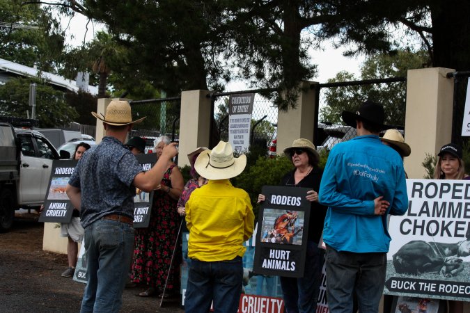 Rodeo-Goers interact with Protest outside of Queanbeyan Rodeo