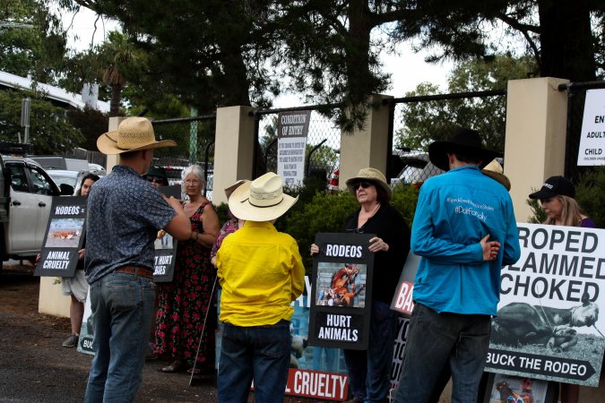 Rodeo-Goers interact with Protest outside of Queanbeyan Rodeo