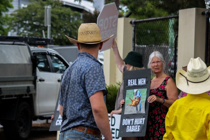 Rodeo-Goers interact with Protest outside of Queanbeyan Rodeo