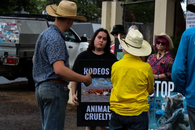 Rodeo-Goers interact with Protest outside of Queanbeyan Rodeo