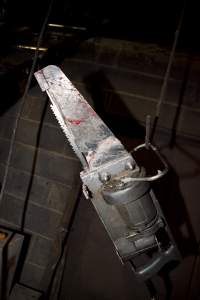 Chainsaw covered in blood and chunks of flesh - Australian pig farming - Captured at Wally's Piggery, Jeir NSW Australia.