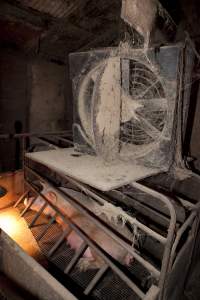 Disused fan covered in cobwebs, atop farrowing crate - Australian pig farming - Captured at Wally's Piggery, Jeir NSW Australia.