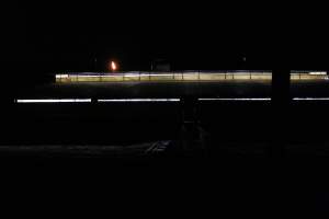 Farrowing shed from outside at night - Australian pig farming - Captured at Bungowannah Piggery, Bungowannah NSW Australia.