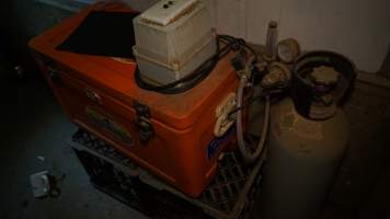 Carbon dioxide gassing box - Portable gas chamber for killing sick or runt piglets - Captured at Yelmah Piggery, Magdala SA Australia.