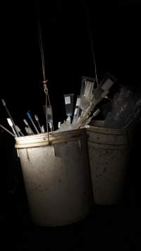 Buckets of pork stork catheters - Australian pig farming - Captured at Yelmah Piggery, Magdala SA Australia.