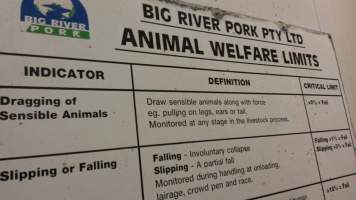 Big River Pork Animal Welfare Limits sign - Captured at Big River Pork Abattoir, Brinkley SA Australia.