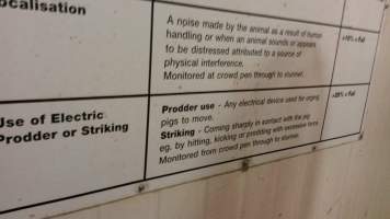 Big River Pork Animal Welfare Limits sign - Butina Combi 66 carbon dioxide gas chamber for 'controlled atmosphere killing' of pigs - Captured at Big River Pork Abattoir, Brinkley SA Australia.