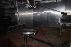 Scalding tank on left, killing table on right - Gathercoles slaughterhouse, Wangaratta - killing and processing areas. - Captured at Gathercole's Wangaratta Abattoir, Wangaratta VIC Australia.