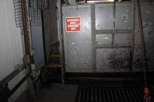 Cattle knockbox exterior - Gathercoles slaughterhouse, Wangaratta - killing and processing areas. - Captured at Gathercole's Wangaratta Abattoir, Wangaratta VIC Australia.