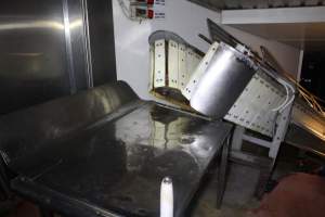 Killing table at top of V Restrainer - Gathercoles slaughterhouse, Wangaratta - killing and processing areas. - Captured at Gathercole's Wangaratta Abattoir, Wangaratta VIC Australia.