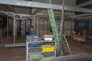 New killing/processing building containing giant gas chamber - Under construction at time of photos (2015). Gondolas much larger to gas many more pigs at once. Side of chamber opens, wall closes in to push pigs into gondola. - Captured at Diamond Valley Pork, Laverton North VIC Australia.