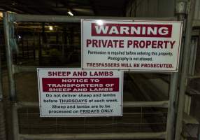 Private property signage at entrance to holding pens - CA Sinclair slaughterhouse at Benalla VIC - Captured at Benalla Abattoir, Benalla VIC Australia.