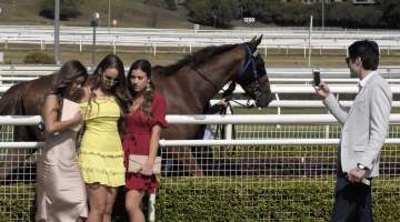 Royal Randwick Racecourse - Racegoers pose for photographs in front of exhausted, stressed horses after a race. - Captured at Royal Randwick Racecourse, Randwick NSW Australia.