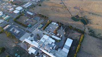 Aerial drone view of slaughterhouse - Captured at Hardwick Meatworks Abattoir, Kyneton VIC Australia.