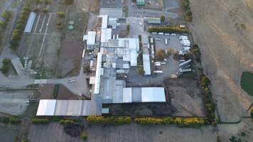 Aerial drone view of slaughterhouse - Captured at Hardwick Meatworks Abattoir, Kyneton VIC Australia.